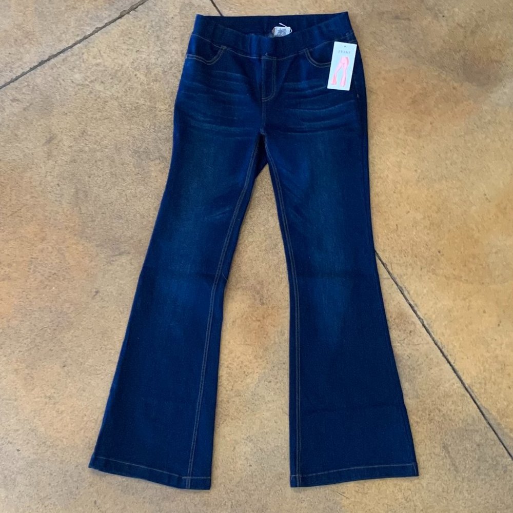 Womens Regular and Plus Dark Blue Pull On Flare Jeans